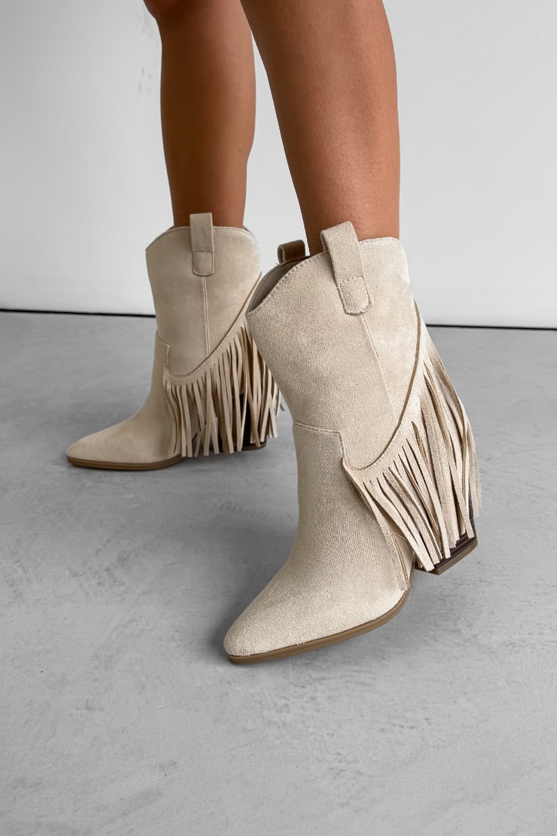 MONICA Western Tassel Cowboy Boots - Beige - 2