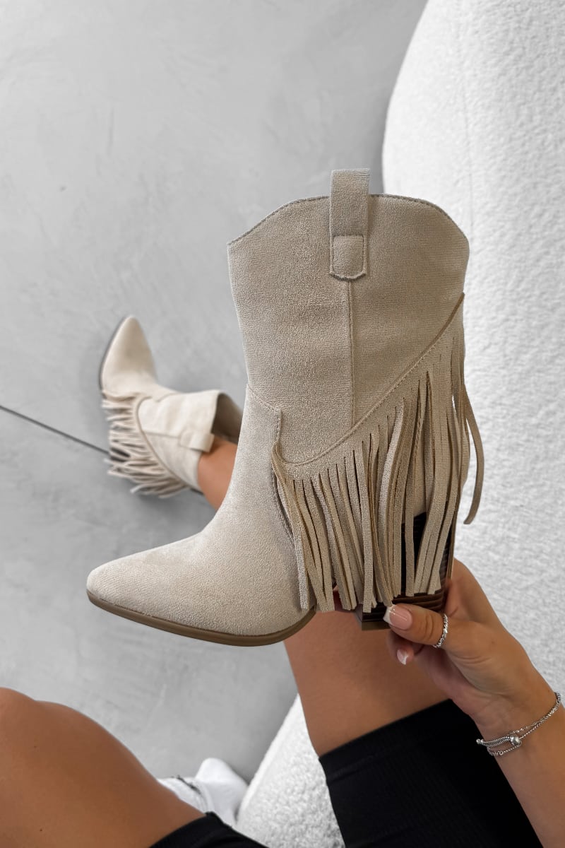 MONICA Western Tassel Cowboy Boots - Beige - 3
