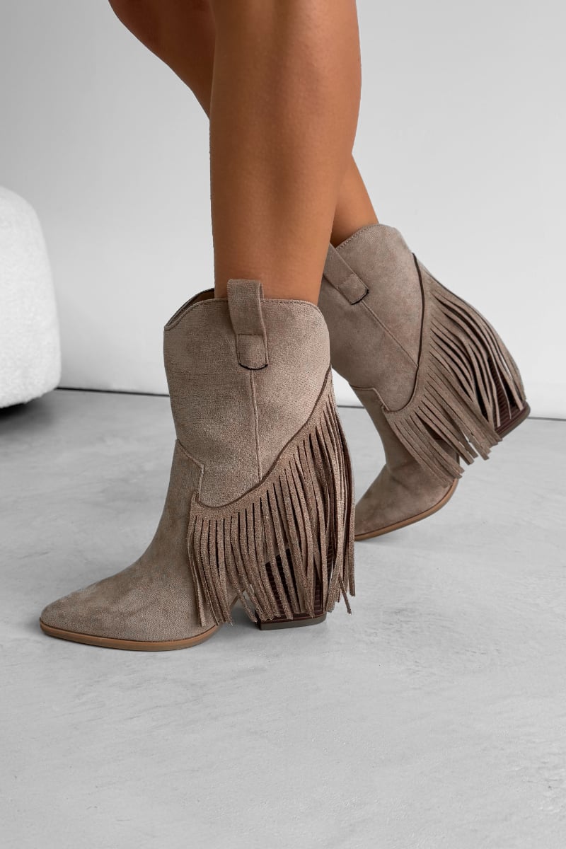MONICA Western Tassel Cowboy Boots - Taupe - 1
