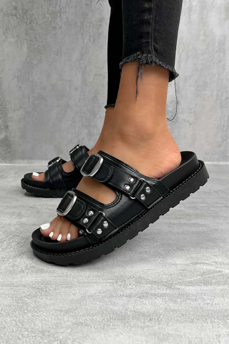 MONTEL Chunky Buckle Sandals Black AJ VOYAGE