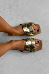 MYKONOS Woven Strap Flat Slider Sandal - Gold - 2