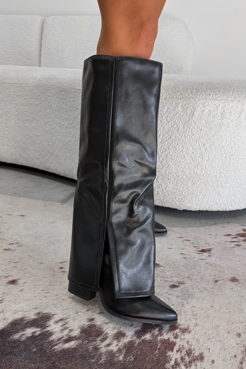 NELLIE Flared Knee High Boots - Black PU -1