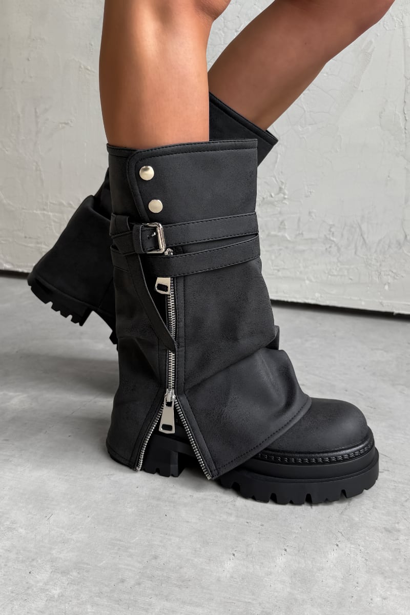 NEXT LEVEL Zip Flared Platform Boots - Washed Black - 2