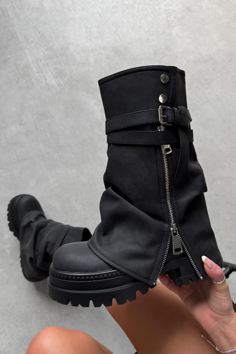 NEXT LEVEL Zip Flared Platform Boots - Washed Black - 3