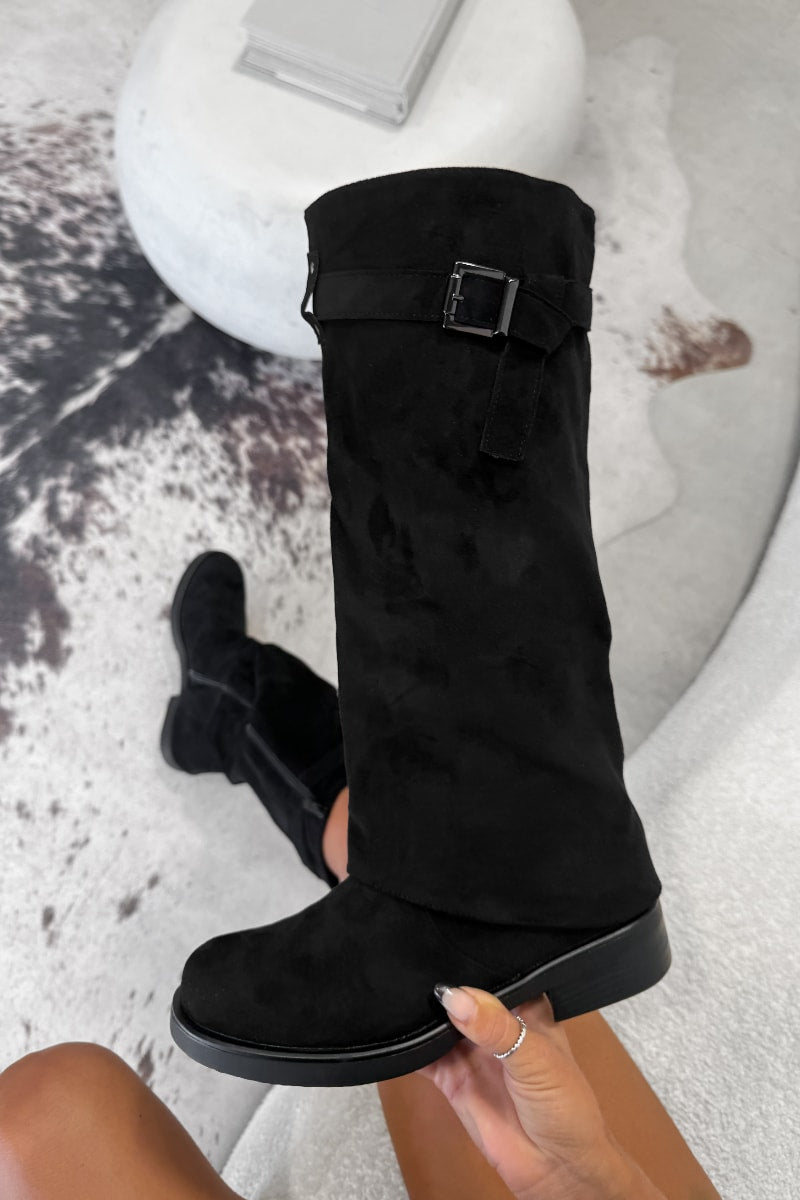 MARLEY Flared Knee High Boots - Black Suede