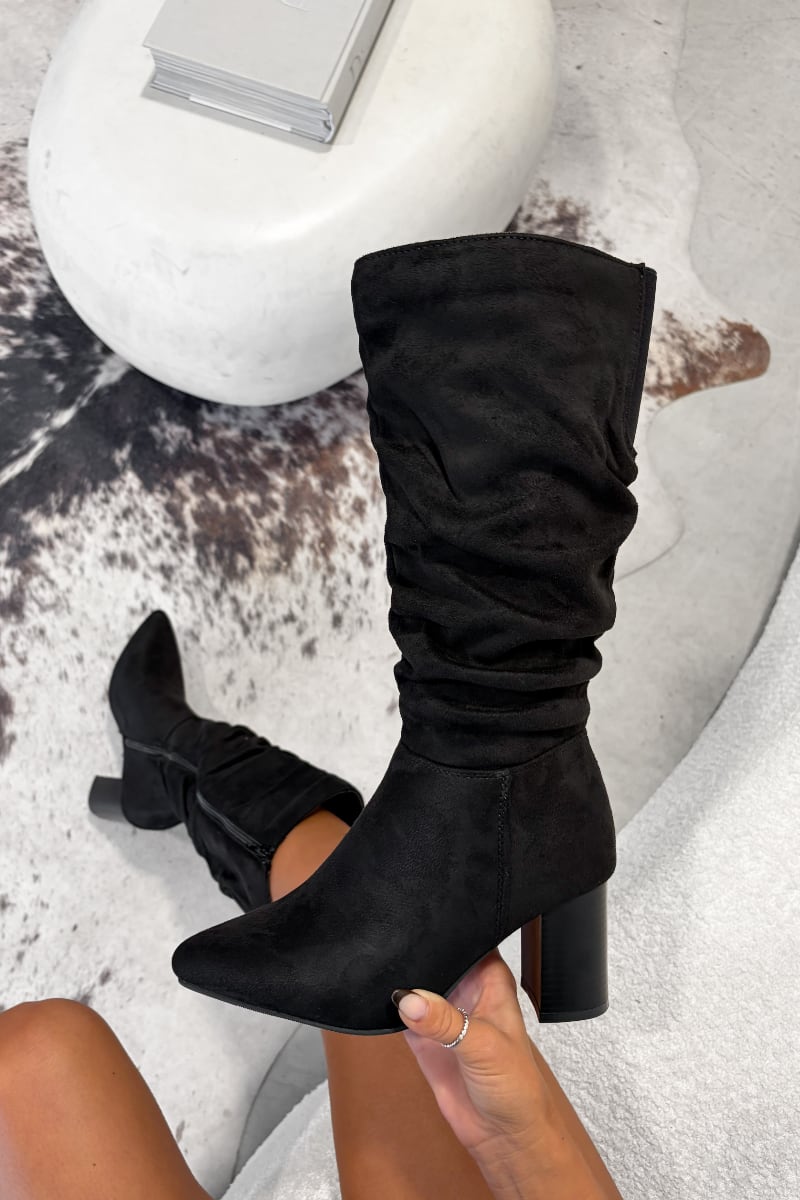 NIEVE Mid Calf High Suede Slouch Boots - Black