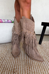 PACHA Studded Tassel Cowboy Western Boots - Taupe - 4