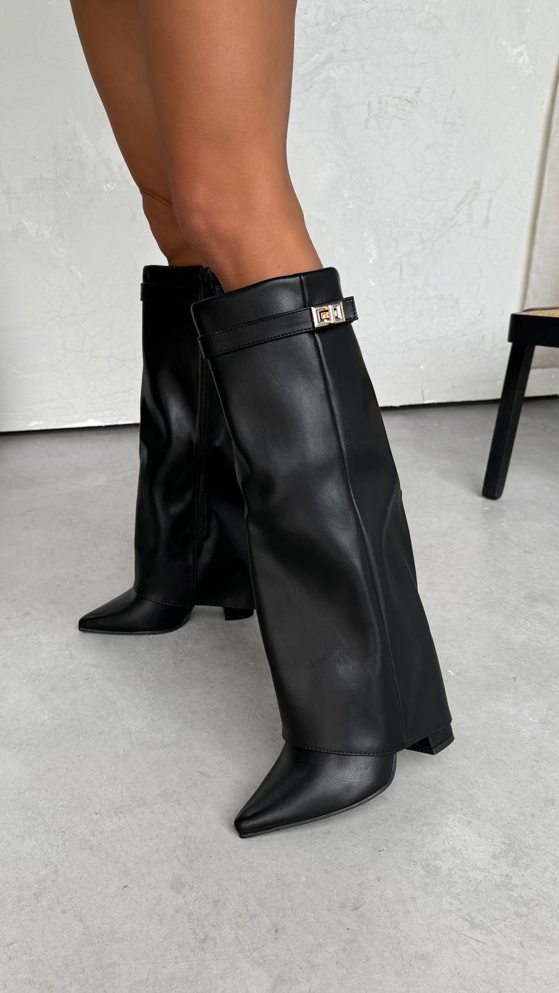 GWEN Flared Knee High Boots - Black PU