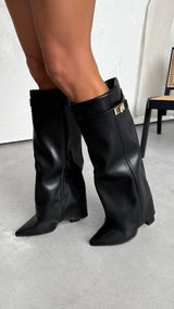 GWEN Flared Knee High Boots - Black PU