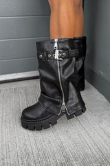RAGE Flared Calf Chunky Zip Boots - Black PU - 3