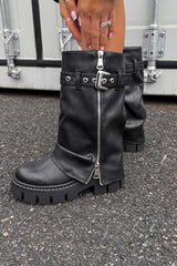 RAGE Flared Calf Chunky Zip Boots - Black PU - 6