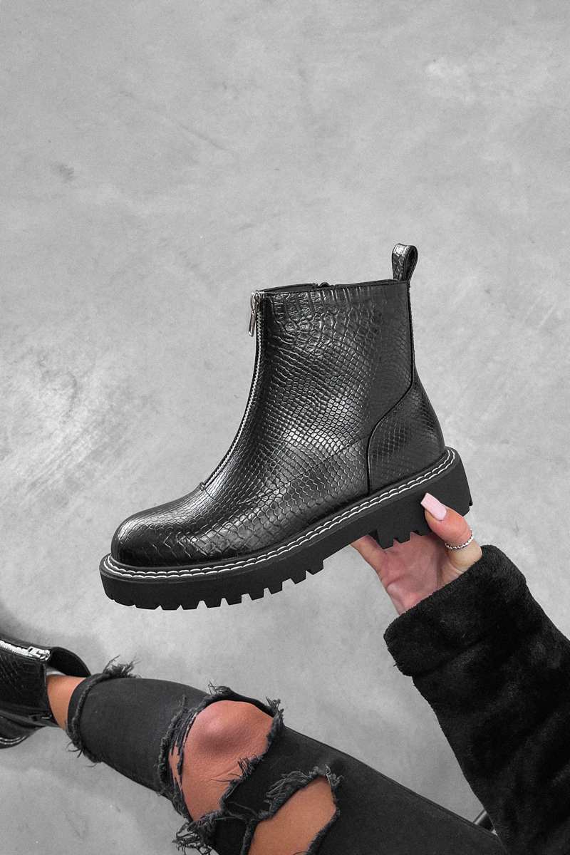 REBEL Zip Front Ankle Boots - Black Croc - 3