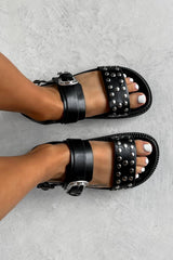 RECALL Chunky Studded Western Buckle Sandals - Black/Silver - 2