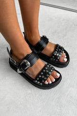 RECALL Chunky Studded Western Buckle Sandals - Black/Silver - 1