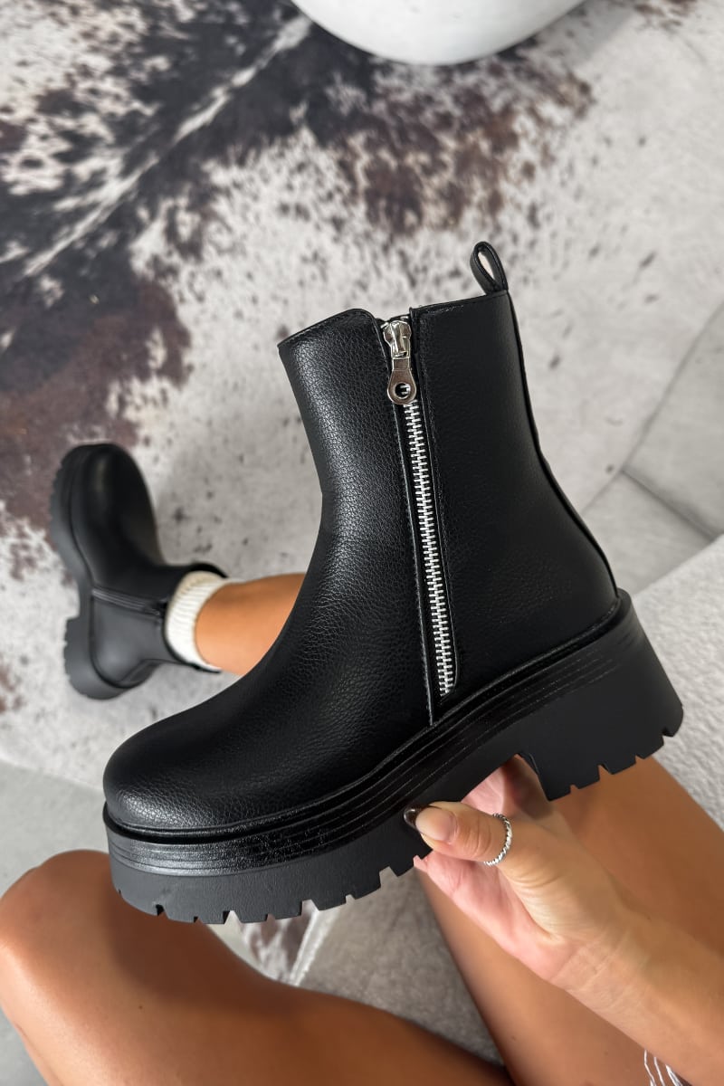 RELOAD Chunky Platform Zip Ankle Boots - Black PU