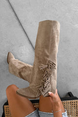 RENEA Flared Suede Tassel Cowboy Western Boots - Taupe