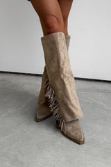 RENEA Flared Suede Tassel Cowboy Western Boots - Taupe - 2