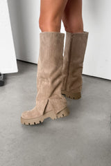 ROBYN Flared Platform Boots - Beige Suede