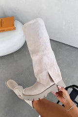 ROBYN Flared Platform Boots - Cream Suede
