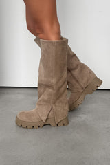 ROBYN Flared Platform Boots - Beige Suede - 1