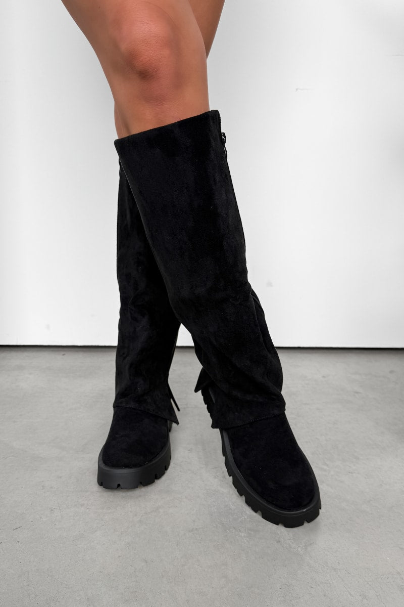 ROBYN Flared Platform Boots - Black Suede - 1