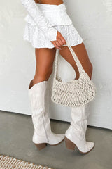 RODEO Mid Calf Cowboy Western Boots - Cream PU - 4