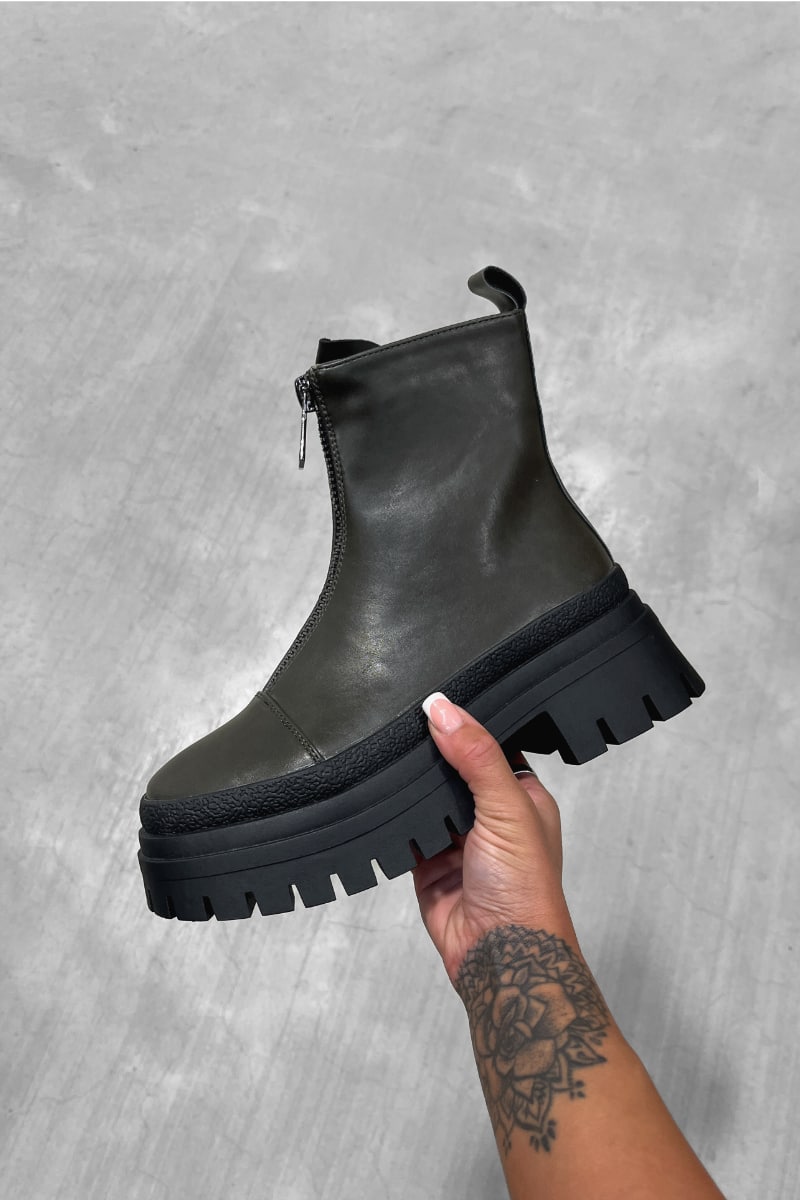 RUCTION Chunky Zip Front Ankle Boots - Khaki PU