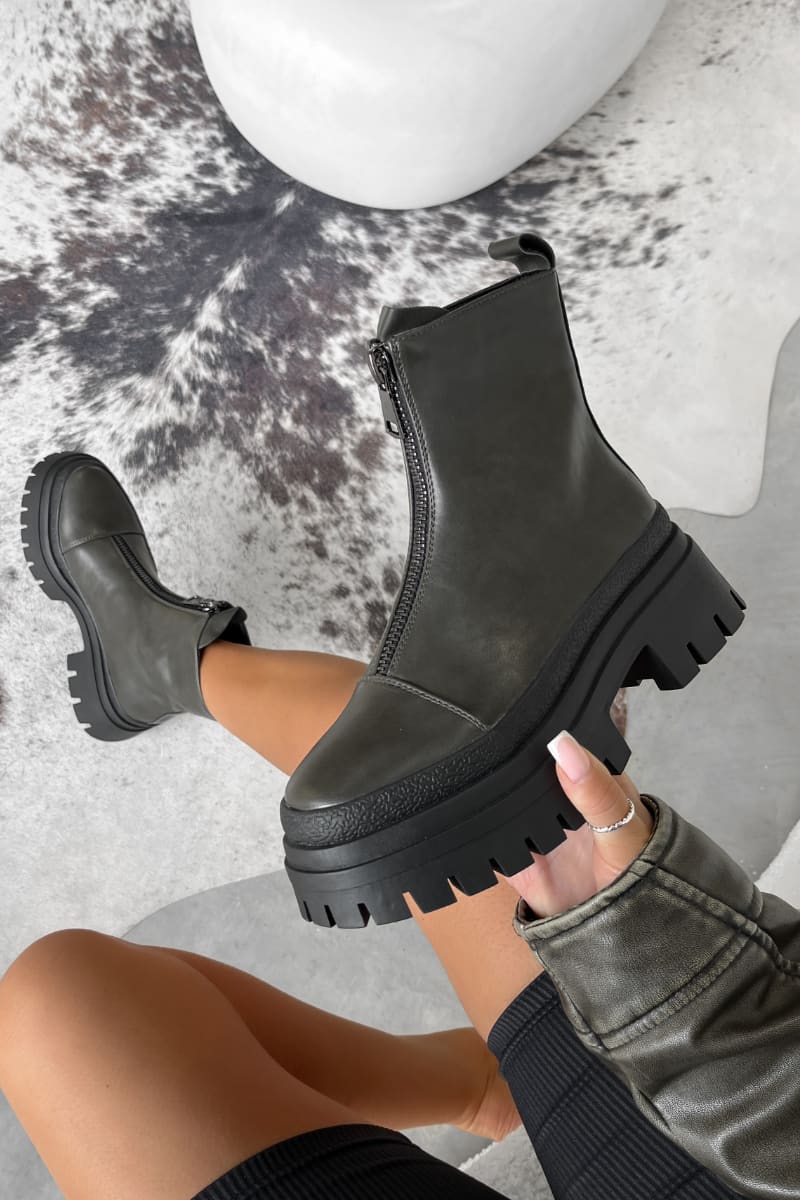 RUCTION Chunky Zip Front Ankle Boots - Khaki PU - 1