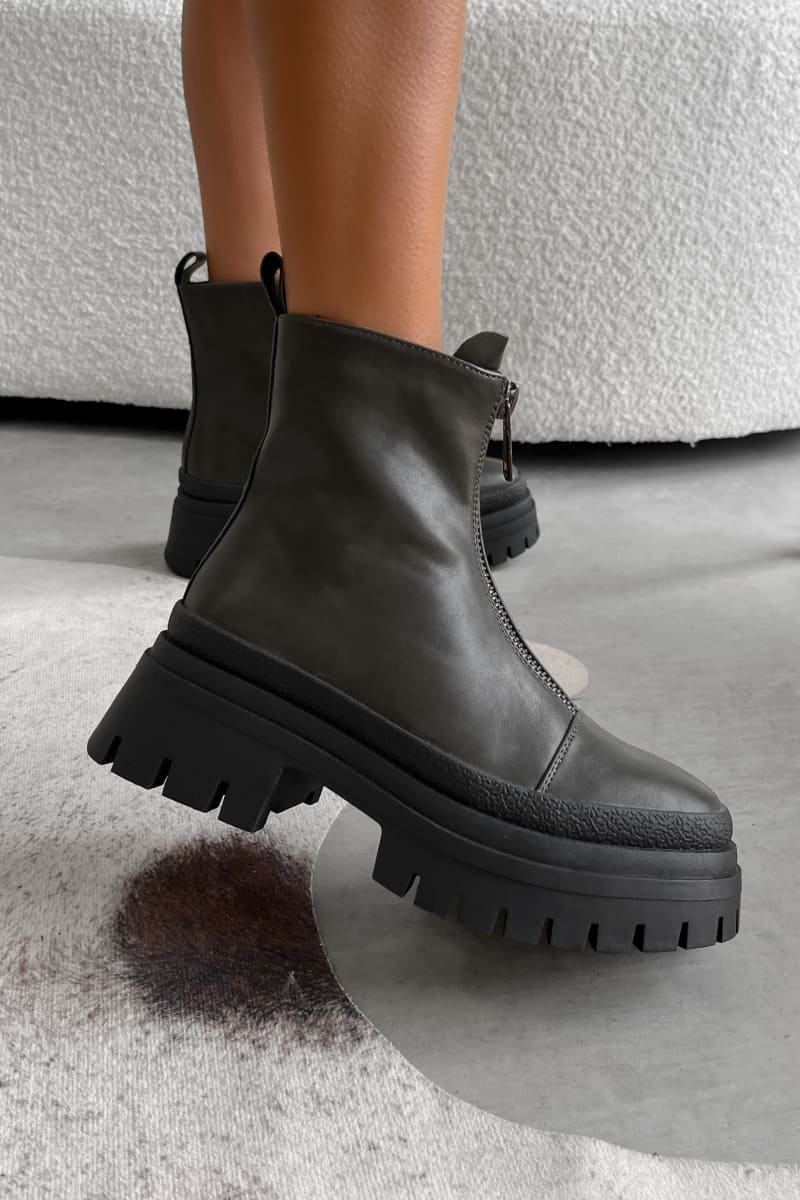 RUCTION Chunky Zip Front Ankle Boots - Khaki PU - 3