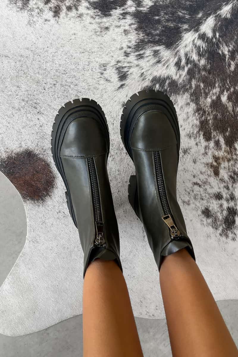 RUCTION Chunky Zip Front Ankle Boots - Khaki PU - 4