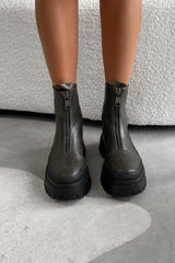 RUCTION Chunky Zip Front Ankle Boots - Khaki PU - 5