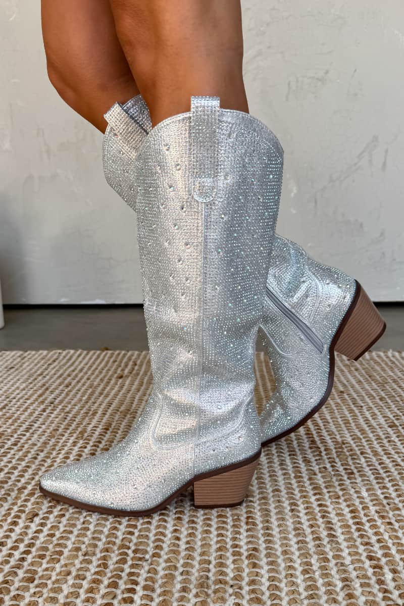 SABRINA Diamante Cowboy Western Boots - Silver - 4