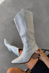 SABRINA Diamante Cowboy Western Boots - Silver - 2