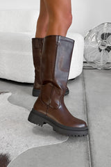 SADIE Chunky Knee High Boots - Brown PU - 1