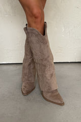 SAVANNAH Fold Over Studded Cowboy Western Boots - Camel Suede - 1