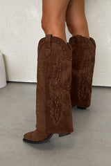 SAVANNAH Fold Over Studded Cowboy Western Boots - Camel Suede - 3