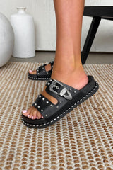SAY IT Chunky Studded Western Buckle Sandals - Black - 2