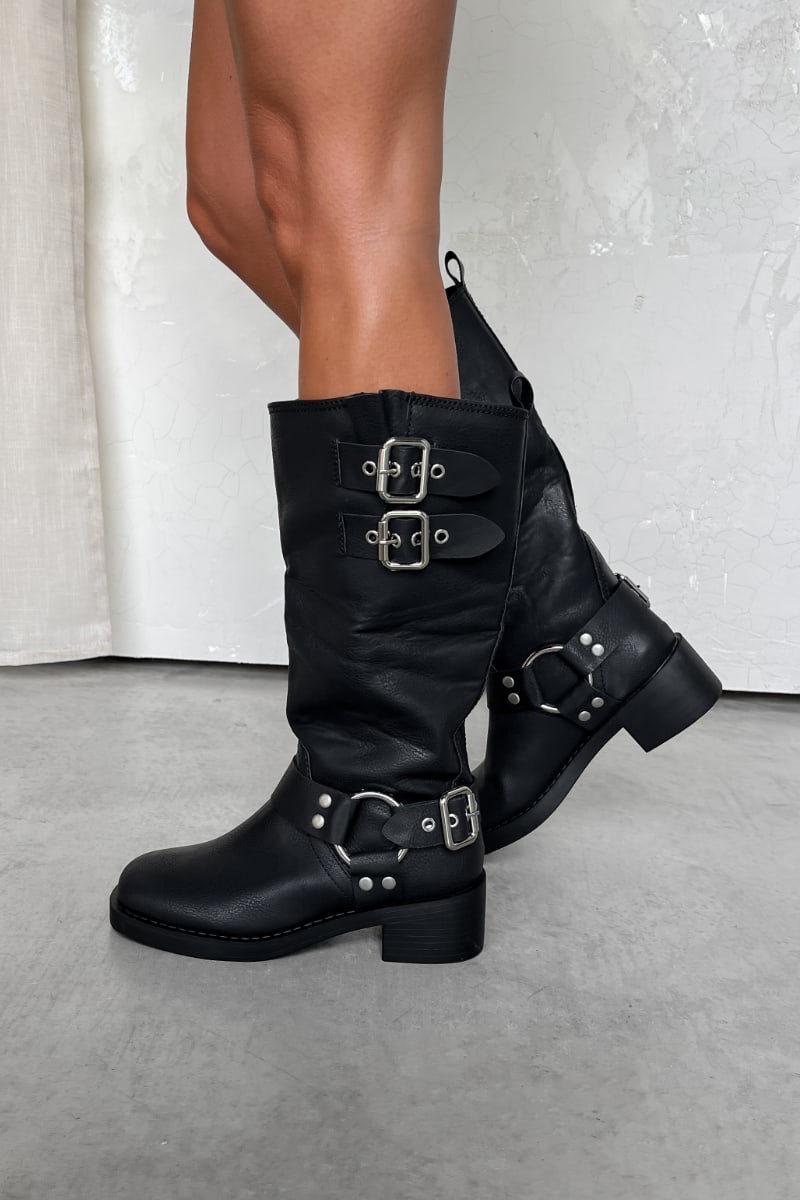 SEATTLE Chunky Buckle Biker Boots - Black PU