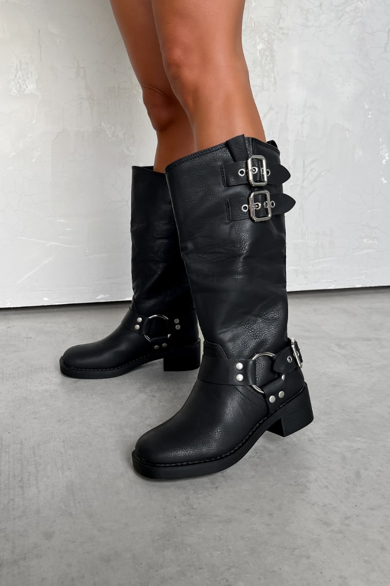SEATTLE Chunky Buckle Biker Boots - Black PU - 1