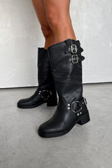 SEATTLE Chunky Buckle Biker Boots - Black PU - 1