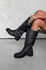 SEATTLE Chunky Buckle Biker Boots - Black PU - 2