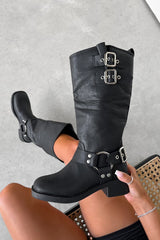 SEATTLE Chunky Buckle Biker Boots - Black PU - 3