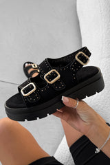 SHEREE Chunky Studded Buckle Sandals - Black - 1