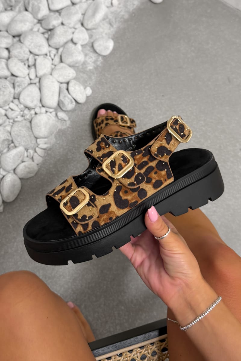 SHEREE Chunky Studded Buckle Sandals - Leopard - 2