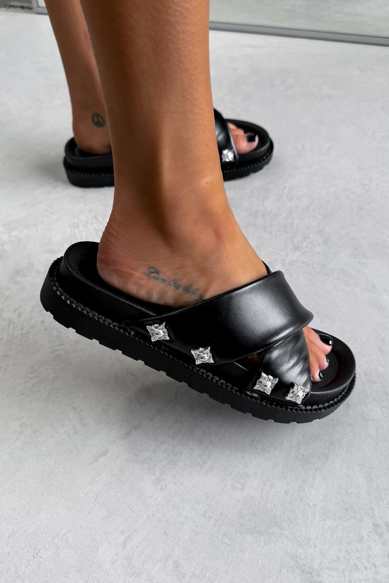 Studded Caged Alisa Black Large Studded Sliders KELLY STUDDED