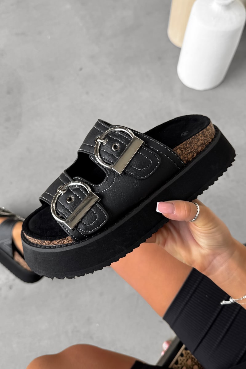 STEP IN Chunky Flatform Buckle Sandals - Black – AJ VOYAGE