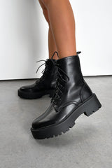 STEP IN Chunky Platform Military Boots - Black PU