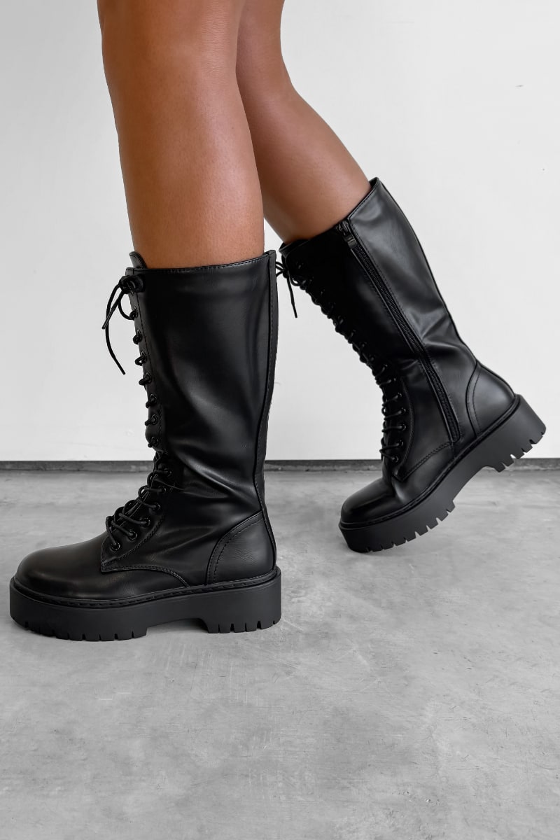 STOMP Knee High Chunky Platform Boots - Black PU - 4