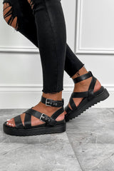 STRIKE IT Chunky Buckle Gladiator Sandals - Black - 4