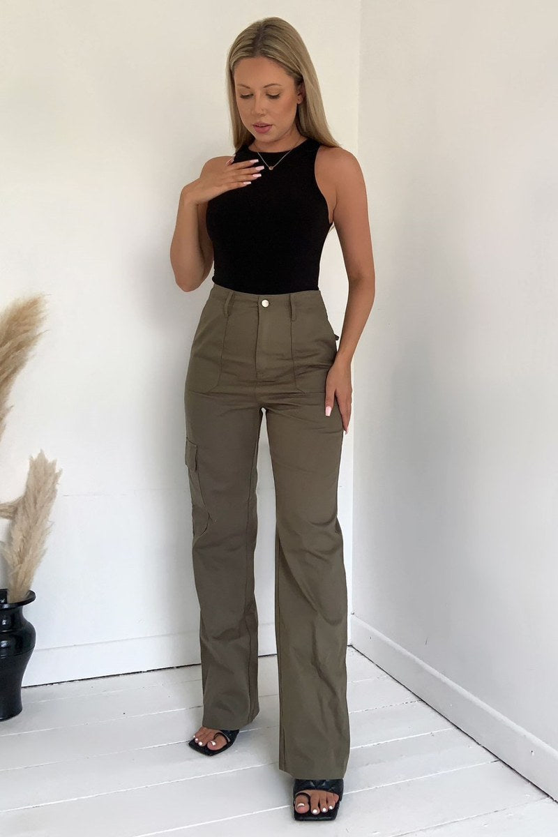 Satin High Waisted Cargo Pants - Khaki